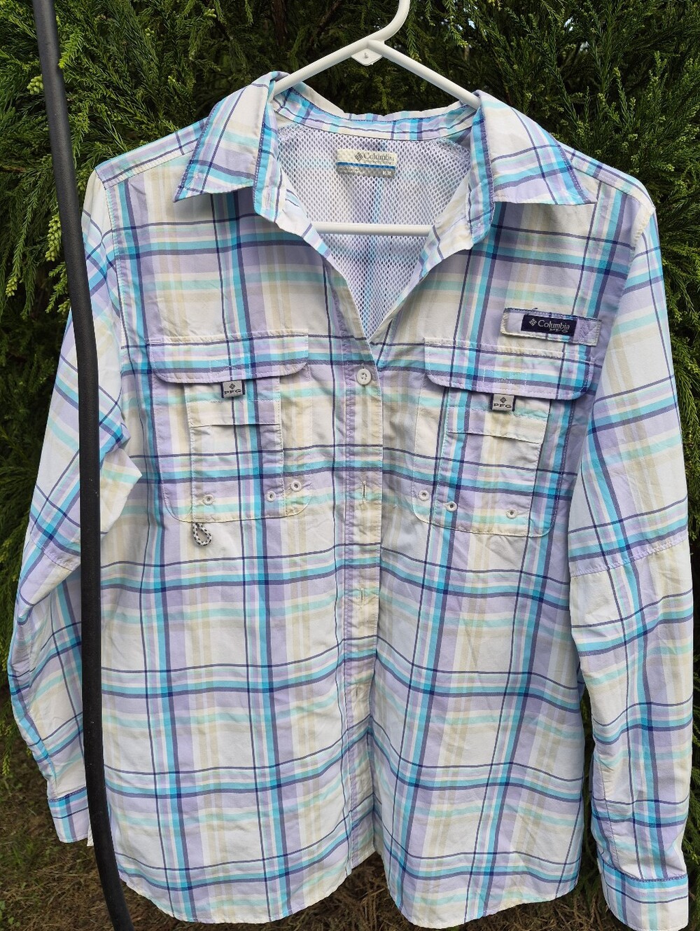Columbia Ladies PFG Plaid Button-Down Shirt - White, Light Blue, Teal Medium